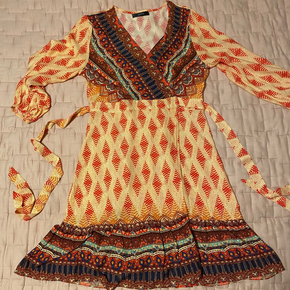 BOHO hippie print wrap around dress